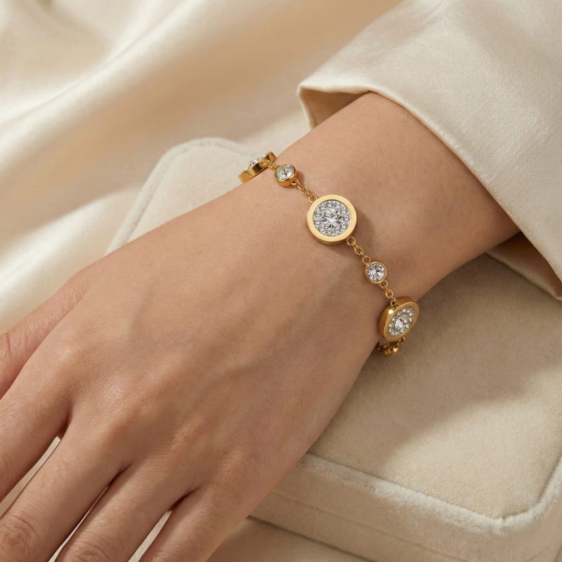 An elegant gold bracelet, made of rust-resistant stainless steel, with a design of circles and sparkling zircon stones that suit your wrist! Unparalleled elegance, with an adjustable clasp to fit you. - Image 3